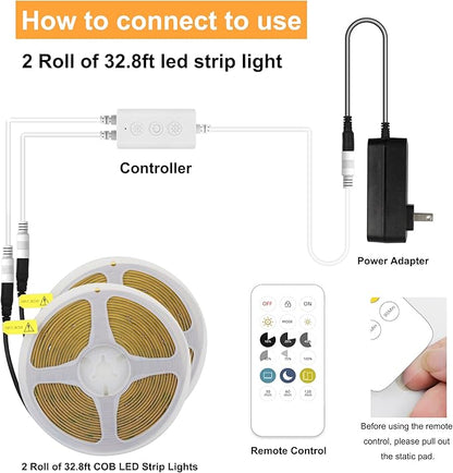 AXMOTUT 65.6ft White COB LED Strip Light, High Bright LED Strips with 320LEDs, RF Remote and UL Power Supply, 6000K Dimmable LED Lights for Bedroom, Kitchen, DIY Home Decoration, 2 Rolls of 32.8ft