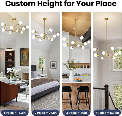 RUIYEY Modern Sputnik Chandeliers Light, 10-Light Gold Gold Dining Room Chandelier Over Table, Height Adjustable Industrial Semi Flush Mount Mid Century Chandelier for Kitchen Island Living Room