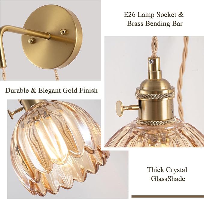 Plug-in Wall Sconce (Set of 2), Vintage Wall Decorative Lamp with Amber Glass Shade, Indoor Plug-in Wall Sconce for Bedroom, Living Room, Hallway