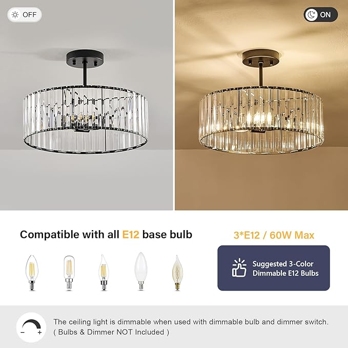 Pevfah Crystal Black Ceiling Light, Modern Semi Flush Mount Ceiling Lighting Fixture, Round Hallway Lighting Fixtures Chandelier for Kitchen Entryway Bedroom Dining Room, 3-Light, 15.7 Inch