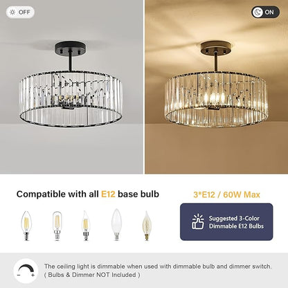 Pevfah Crystal Black Ceiling Light, Modern Semi Flush Mount Ceiling Lighting Fixture, Round Hallway Lighting Fixtures Chandelier for Kitchen Entryway Bedroom Dining Room, 3-Light, 15.7 Inch