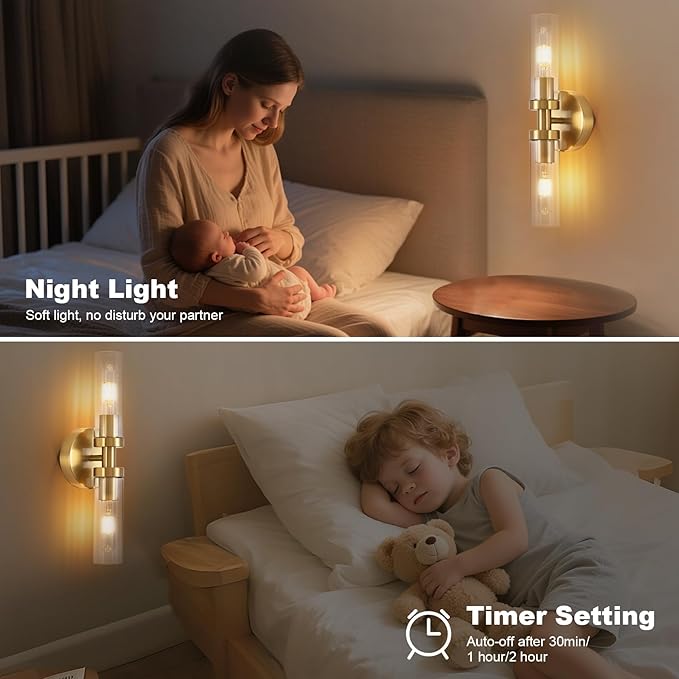 Battery Operated Wall Sconces Set of 2, 330° Rotation 3000K-6000K Dimmable Wireless Wall Sconce with Clear Glass Gold 10400mAh USB Rechargeable Wall Lights with Remote Bulbs Included 2 Pack