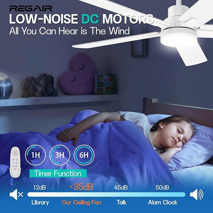 Ceiling Fan with Light 52-Inch, Remote Control Reversible DC Motors, 3CCT Dimmable Timer Noiseless, White Ceiling Fan for Bedroom Living Room, Indoor&Outdoor ETL Listed