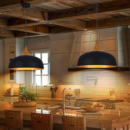 Black Farmhouse Dome Pendant Light 17.7" Large Vintage Pendant Light Fixtures Hanging Wooden Pendant Lighting for Kitchen Island Dining Room Living Room Foyer Hallway