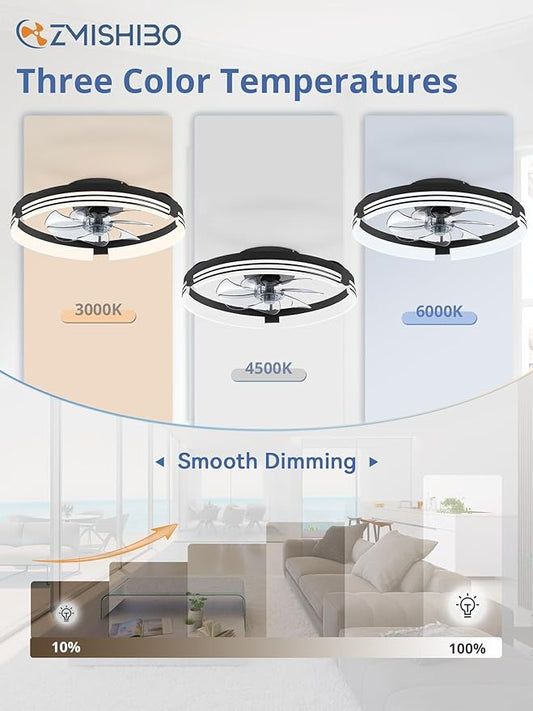 ZMISHIBO Low Profile Ceiling Fans with Lights and Remote, 20 Inch Flush Mount Ceiling Fan with Light, 3000K-6000K Dimmable Fandelier LED Fan Light, 6 Wind Speeds Black Ceiling Fans for Bedroom