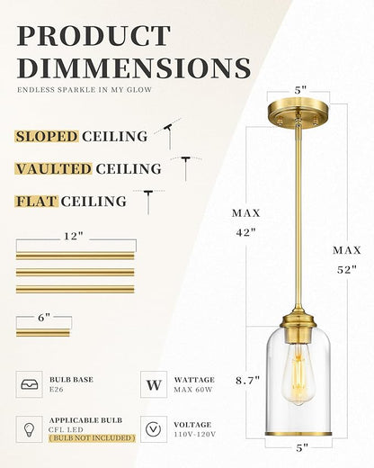 LIROUVET 2 Pack Pendant Lights, Vintage Hanging Lights, Brushed Gold Pendant Lights Kitchen Island with Clear Glass, Pendant Lighting for Dining Room PL02 CLBG-2PK