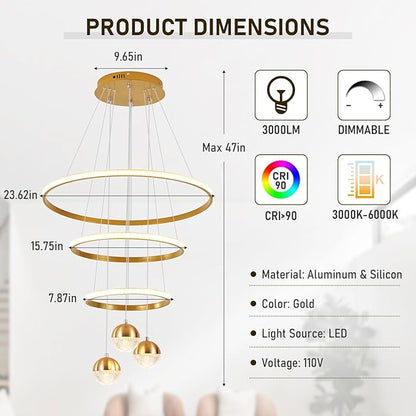 Modern Led Chandeliers 3-Color Dimmable Gold LED Chandelier Pendant Light with Remote Adjustable Hanging Pendant Light Fixture for Dining Room Living Room Bedroom Entryway