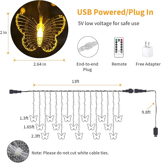 YOLIGHT Butterfly Curtain Lights 13ft 96 LED Fairy Light 8 Modes String Lights with Remote, Butterfly Hanging Decoration for Girls Room Bedroom Wall Ceiling Party Wedding Christmas (Warm White)