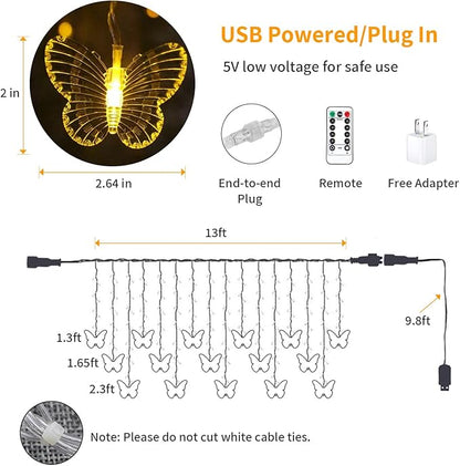 YOLIGHT Butterfly Curtain Lights 13ft 96 LED Fairy Light 8 Modes String Lights with Remote, Butterfly Hanging Decoration for Girls Room Bedroom Wall Ceiling Party Wedding Christmas (Warm White)