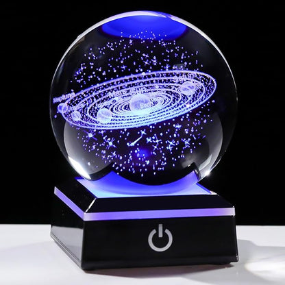 Arikyrist 3D Solar System Crystal Ball 80mm with Light Base, Laser Engraved Space Universe Astronomy Gifts for Women Men Teens Boys and Girls, Glass Planet Solar System Model Sphere Night Light Decor
