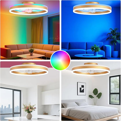 RGB Ceiling Fans with Lights, 20" Fandelier Low Profile Ceiling Fan with Light, Modern Flush Mount Ceiling Fan Light with Remote/APP Control, Bedroom Chandelier Fan Fixture for Indoor(Gold)