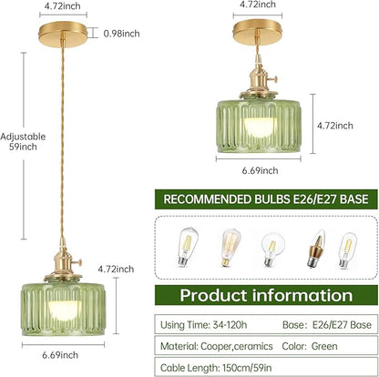 Shenmoyl Battery Operated Pendant Light 5000mAh Rechargeable Chandelier with Remote Control Wireless Adjustable Hanging Green Striped Light for Kitchen Island Dining Room Hallway, 2 Pack