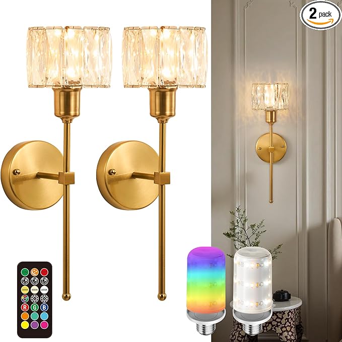 Crystal Battery Operated Wall Sconces Set Of Two, Gold Wireless Wall Light with USB Rechargeable LED Light Bulbs 12 Colors Dimmable Crystal Wall Lamp with Remote for Living Room, Bedroom, Hallway