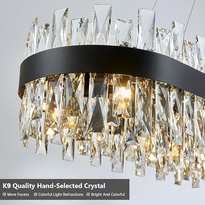 Modern Black Crystal Chandelier for Dining Room, Rectangle K9 Crystal Raindrop Chandelier Lights, Contemporary Ceiling Hanging Light Fixtures for Kitchen Island Dining Room, Length 57 inches
