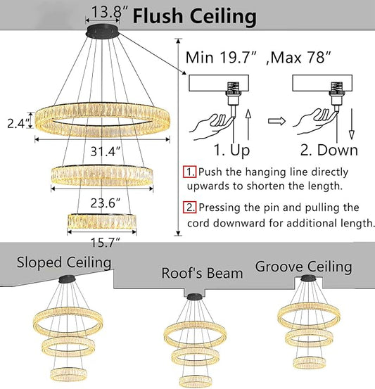 HAIXIANG Modern Glam Chandelier Crystal LED Remote Rings Chandelier Adjustable Hanging Ceilings Pendant Lights Fixture Gold 16"+24"+32" Rings Lighting