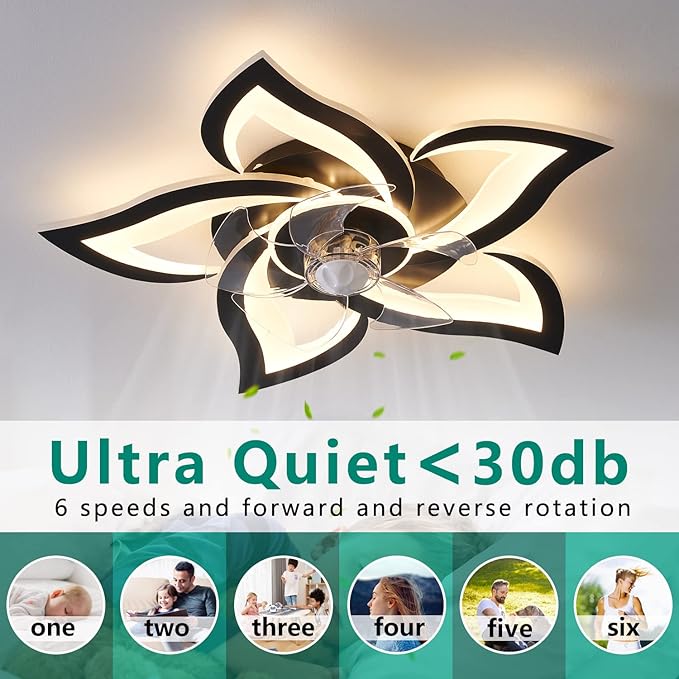 24" Geometric Ceiling Fan with Lights Remote Control, 6 Speeds 3 Colors Black Low Profile Ceiling Fan with Light for Kitchen Bedroom Living Room