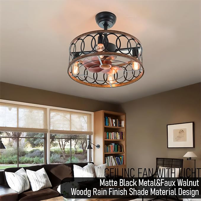 19" Industrial Caged Ceiling Fans with Light 4-Lights Farmhouse Flush Mount Fandelier Walnut Wood Metal Chandelier Fan Remote 6 Wind Speed Reversible for Bedroom Dining/Living Room Kitchen Entry