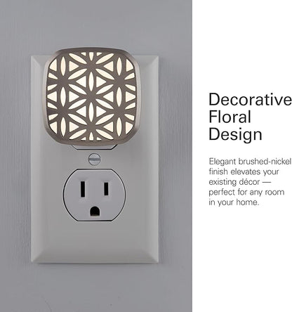 Lights by Night Decorative LED Night Light, Brushed Nickel Flower Design, Plug-in, Dusk to Dawn Sensor, UL-Certified, Home Decor, Ideal for Bedroom, Bathroom, Kitchen, Hallway, 54744, 2 Pack