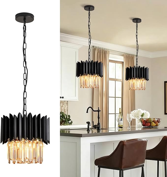 Black Crystal Chandelier 12 Inch K9 Crystal Pendant Light Fixture 3-Light Semi Flush Mount Ceiling Light for Kitchen Island Dining Room Bedroom Foyer Entryway Hallway