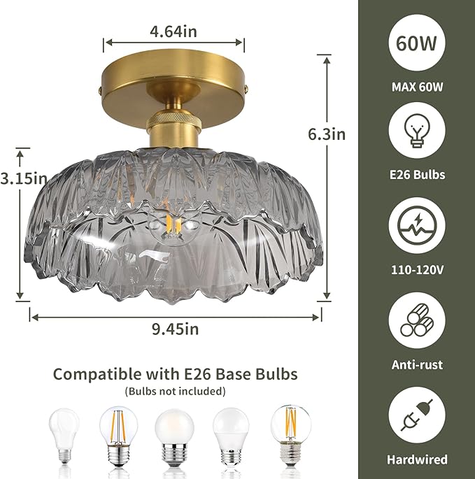 Semi Flush Mount Ceiling Light Mid Century Modern Floral Smoke Gray Glass Shade, Close to Ceiling Lighting Fixtures for Bedroom, Bathroom, Kitchen, Closet Laundry Room, Foyer and Hallway 9.45 in