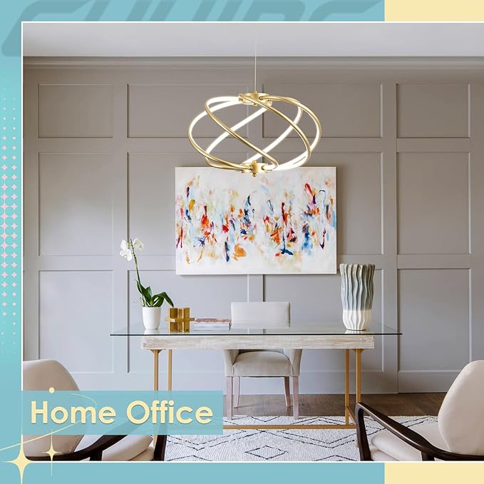 CHYING Modern Gold Chandelier with Remote Control, 48W 3-Color Temperature Dimmable LED Chandelier for Dining Room, Hanging Adjustable Pendant Light for Living Room Kitchen Entryway Foyer