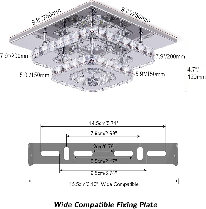 Finktonglan 9.8" Square Crystal Flush Mount LED Ceiling Light, Cool White 6500K, K9 Crystal Mirror Base, Close-to-Ceiling, Non-Dimmable, 85–260V