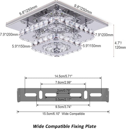 Finktonglan 9.8" Square Crystal Flush Mount LED Ceiling Light, Cool White 6500K, K9 Crystal Mirror Base, Close-to-Ceiling, Non-Dimmable, 85–260V