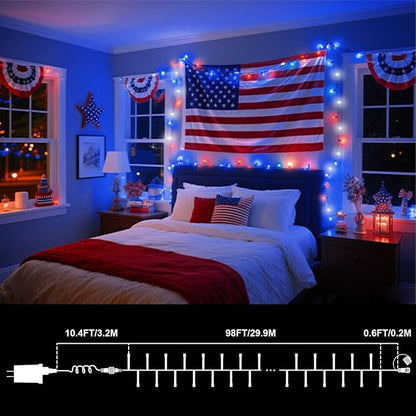 LAMPHOME 99ft 300LED Red White and Blue Patriotic String Lights, 16 Modes Red White Blue LED Lights Plug in, 4th of July Lights Outdoor for Independence Day Memorial Day Patriotic Window Decor