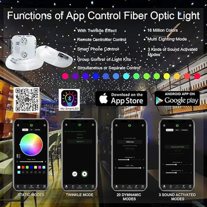 AKEPO 32W APP Twinkle Dual Head Fiber Optic Lights Kit Music Activated RGBW Star Ceiling Sky Light, 2000pcs 16.4ft/5m 0.03in/0.75mm Optical Fiber Cable + 28key Remote for Car & Home Media Room Decor