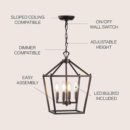 JONATHAN Y 12" Oil Rubbed Bronze Lantern Pendant Light, 4-Light Pagoda Style Metal Cage Farmhouse Hanging Ceiling Fixture for Kitchen Island, LED Bulb Included (JYL7436A)
