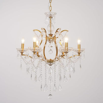 6-Light Crystal Chandelier Gold Finish Modern Luxury Antique Flush Mount Chandelier with Crystal Drops Prisms Beads, Elegant Dining Room Living Room Entryway Foyer Ceiling Light Fixture
