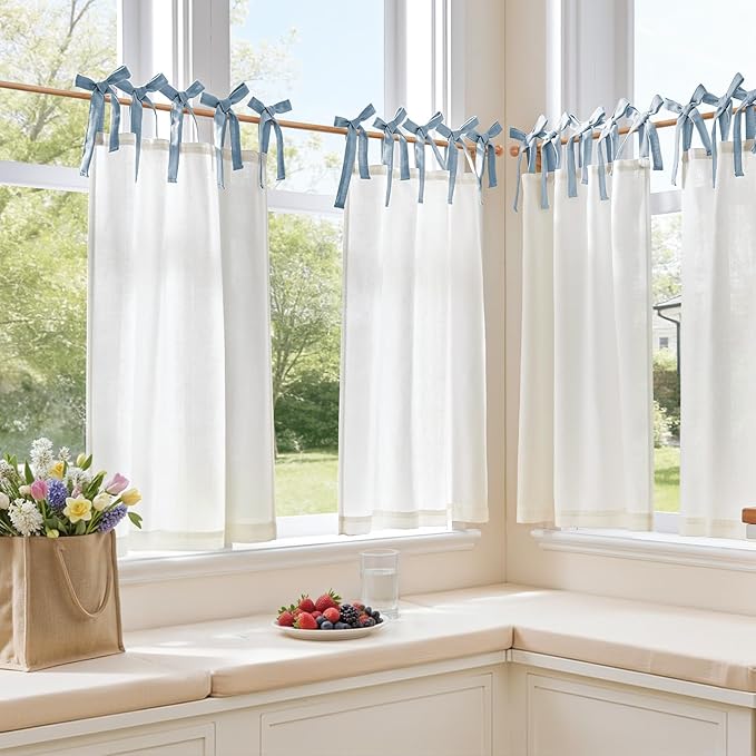 jinchan Linen Tie Top Curtains 36 Inch Length Farmhouse Cafe Curtains Set of 2 for Bedroom Bathroom Rustic Small Windows Light Filtering White Panels with Blue Ties