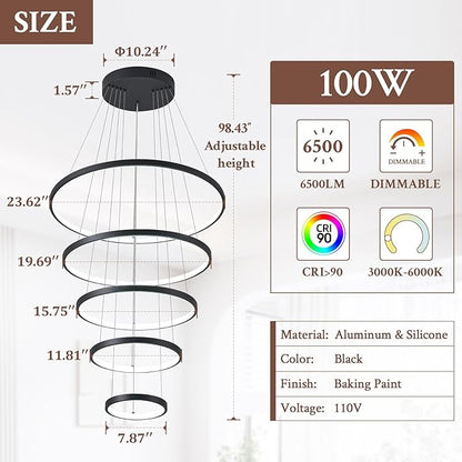 5 Ring Modern LED Chandelier Dimmable Black High Ceiling Chandeliers for Foyer, LED Contemporary Large Pendant Lighting with Remote Control Circular for Living Room Staircase, 3000K-6500K