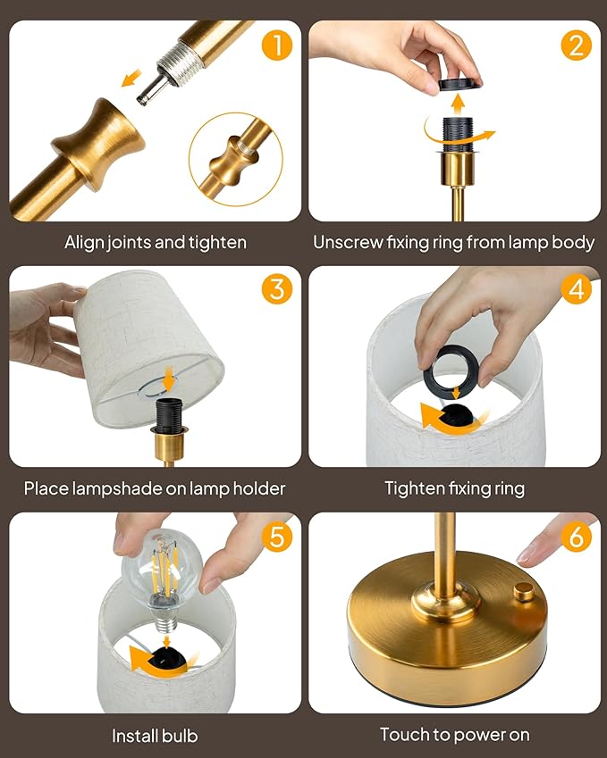 EppieBasic Cordless Table Lamp Rechargeable: Fast Charging & Long Lasting - 2700K Warm Light Small Vintage Gold Side Table Lamps - Dinning Living Room Bedroom - Linen Shade