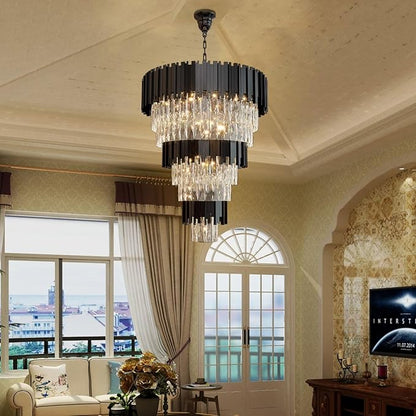 Large 8-Tier Crystal Chandeliers, 24in Black Crystal Chandelier, Luxury Round Adjustable Height Chandelier Lighting Fixture for High Ceiling, Entryway, Foyer