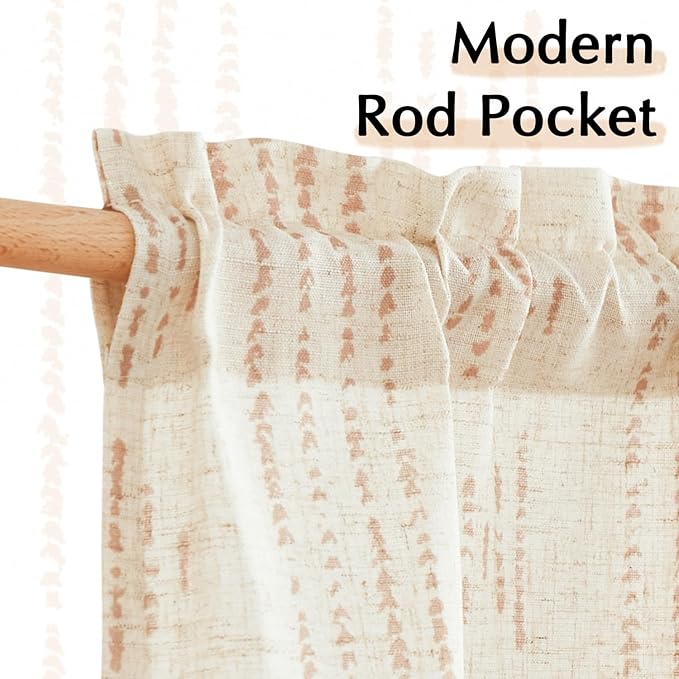 jinchan Boho Kitchen Curtains Linen Tier Curtains 24 Inches Bohemian Cafe Small Drapes Striped Mudcloth Farmhouse for Bathroom RV Camper Light Filtering Rod Pocket 2 Panels Taupe on Beige