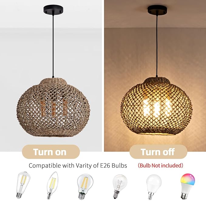 3-Light Rattan Pendant Light, 16.54" Hand-Woven Wicker Chandelier, Boho Basket Pendant Light for Dining Room Bedroom, Living Room, Bedroom, Kitchen, Farmhouse