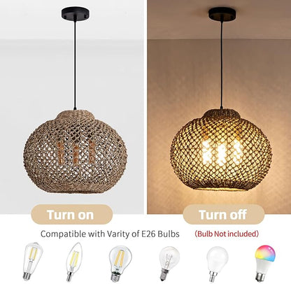 3-Light Rattan Pendant Light, 16.54" Hand-Woven Wicker Chandelier, Boho Basket Pendant Light for Dining Room Bedroom, Living Room, Bedroom, Kitchen, Farmhouse