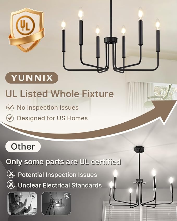 Yunnix 6 Light Matte Black Chandelier Modern Farmhouse Chandelier for Dining Room Light Fixtures Ceiling Hanging, Iron Chandelier for Bedroom, Foyer, Entryway, Kitchen, Living Room and Entryway