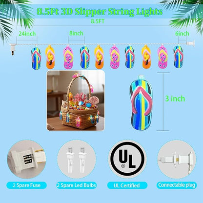 8.5Ft Summer Beach Themed Lights, 10L LED Flips Flops String Lights Plug in for Indoor and Outdoor Holiday Summer, Luau Aloha Hawaiian Tropical Party Décorations
