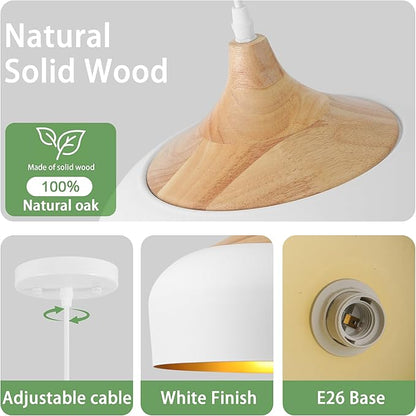 White Pendant Light, 12in Solid Wood Pendant Lights Fixture Adjustable Modern Hanging Lighting, for Kitchen Island Dining Room Sink Bar Office Bedroom