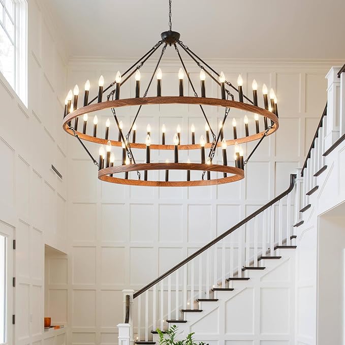 HHR 60" Wood-Grain Surface Double Tier Wagon Wheel Chandelier, 54-Light Extra Large Farmhouse Pendant Light Fixture, Round High Ceiling Chandelier for Dining Room Living Room Island Foyer Entryway E12