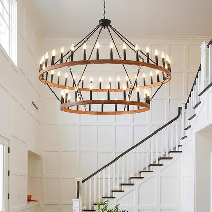 HHR 60" Wood-Grain Surface Double Tier Wagon Wheel Chandelier, 54-Light Extra Large Farmhouse Pendant Light Fixture, Round High Ceiling Chandelier for Dining Room Living Room Island Foyer Entryway E12