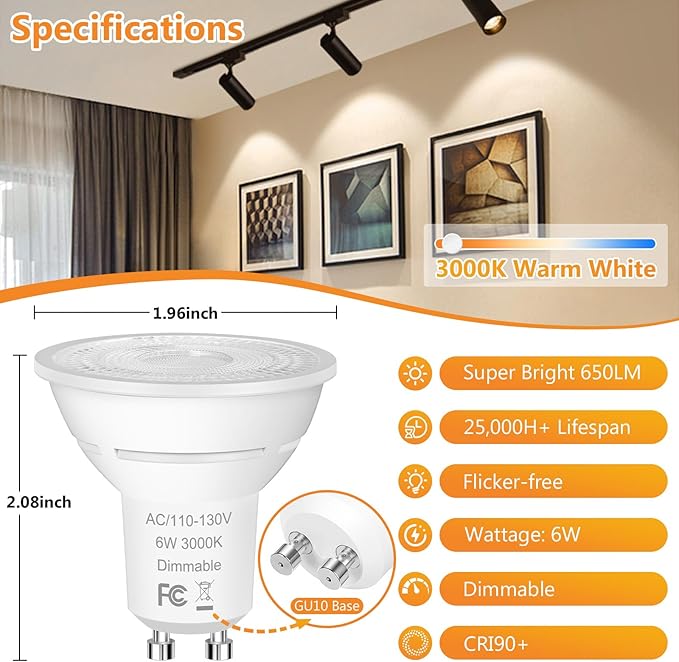 Yochoice Dimmable MR16 GU10 LED Bulbs Equivalent 50W Halogen Bulbs, 650LM GU10 Light Bulbs 3000K Warm White, 6W GU10 Spotlight Bulb for Kitchen Range Hood Recessed Accent Ceiling Lighting, 10-Pack