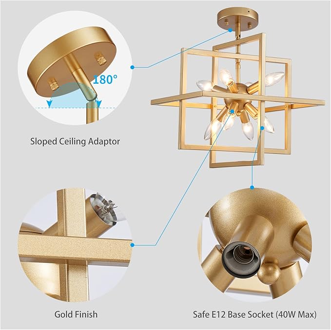 XINGQI 14.96" Gold Chandelier Geometric Pendant Lighting 8-Light Farmhouse Modern Ceiling Light Fixtures for Dining Room Living Room Kitchen Island Bedroom Hallway