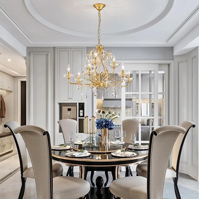 WUZUPS 9-Light Crystal Candle Chandelier Pendant Flushmount Ceiling Light Modern Lighting Fixture for Bedroom Hallway Bar Kitchen Bathroom, H 18.1" x W 25.6", Gold, E12 Base
