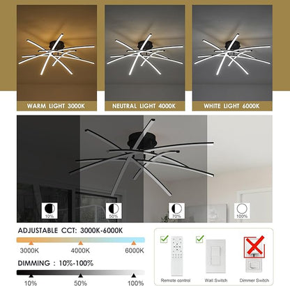 Modern 32.8" LED Chandelier Ceiling Light 6-Lights Black Dimmable Semi Flush Mount Ceiling Light Fixtures with Remote for Living Room Bedroom Kitchen 65 W 3000K-6000K