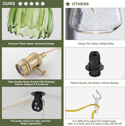 Plug in Pendant Light Fixtures, Hanging Light Fixture Vintage Glass Pendant Light, Mini Green Tulip Hanging Lamp, Pendant Lighting for Kitchen Island, Bedroom, Dining Room, Living Room