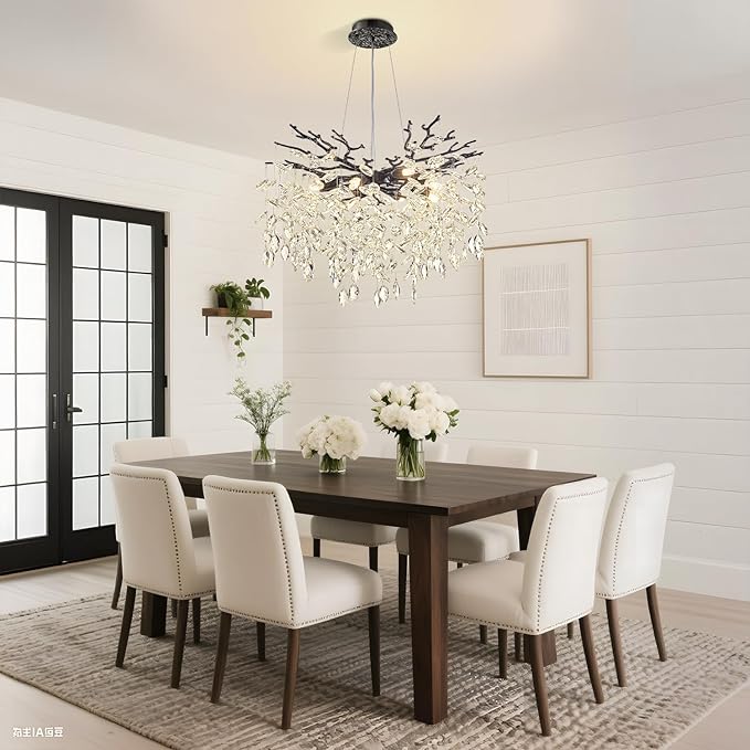 Modern Tree Branch Crystal Chandelier 23.6" Black Luxury Large Pendant Lighting 8-Light Contemporary K9 Crystal Chandeliers for Dining Room Kitchen Living Room Foyer Entryway (Black, D23.6"-Round)