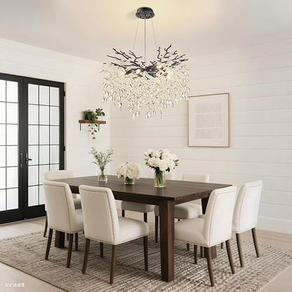 Modern Tree Branch Crystal Chandelier 23.6" Black Luxury Large Pendant Lighting 8-Light Contemporary K9 Crystal Chandeliers for Dining Room Kitchen Living Room Foyer Entryway (Black, D23.6"-Round)